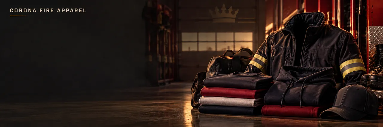Corona Fire Apparel jackets, hoodies, tees and caps stacked in a fire station